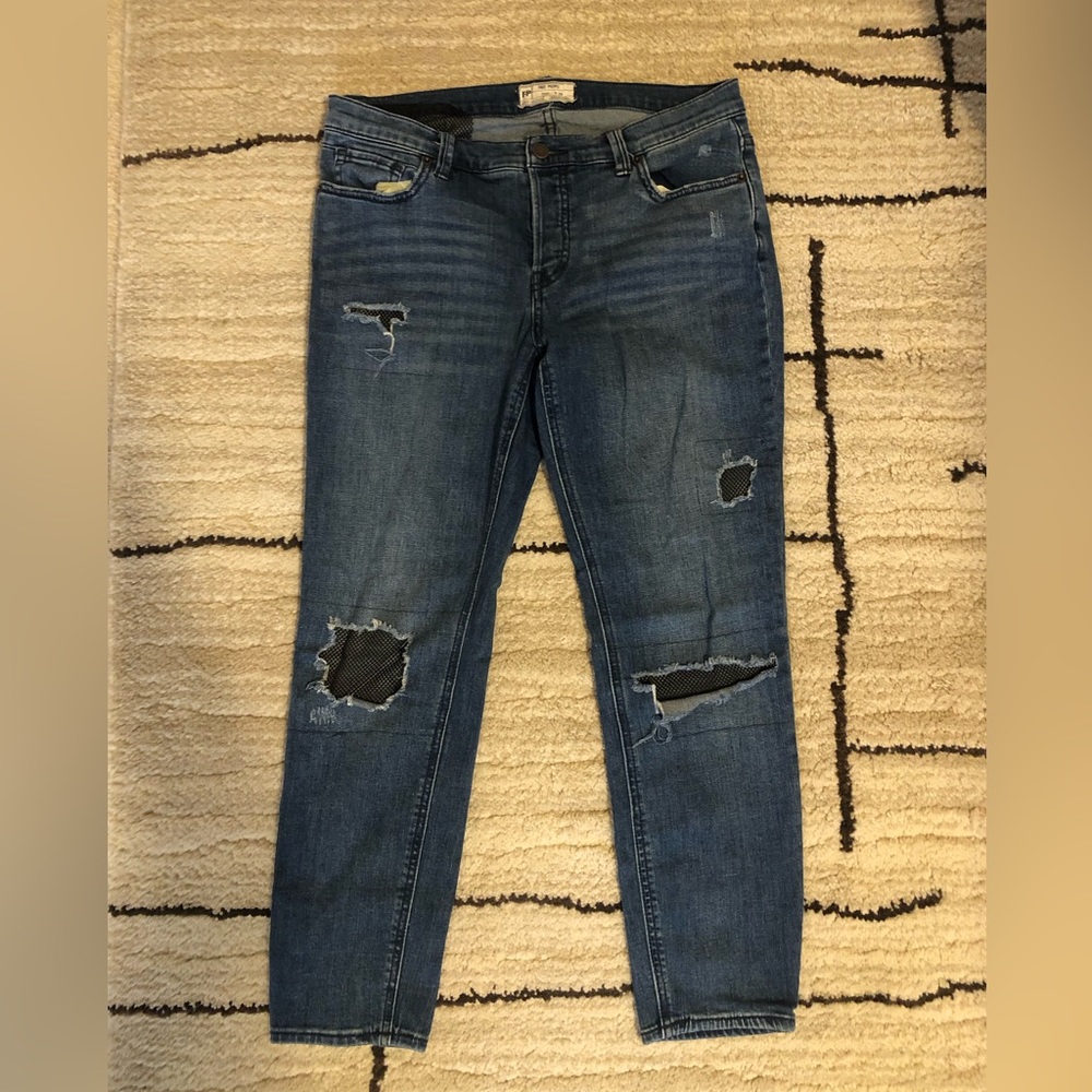 Free People Women’s Tupelo Blue Fishnet-Inset Skinny Jeans Size 29